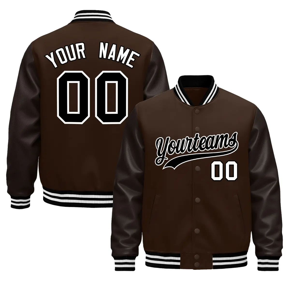 Brown Black White Varsity Jacket with Faux Leather Sleeves