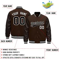 Brown Black White Varsity Jacket with Faux Leather Sleeves 2