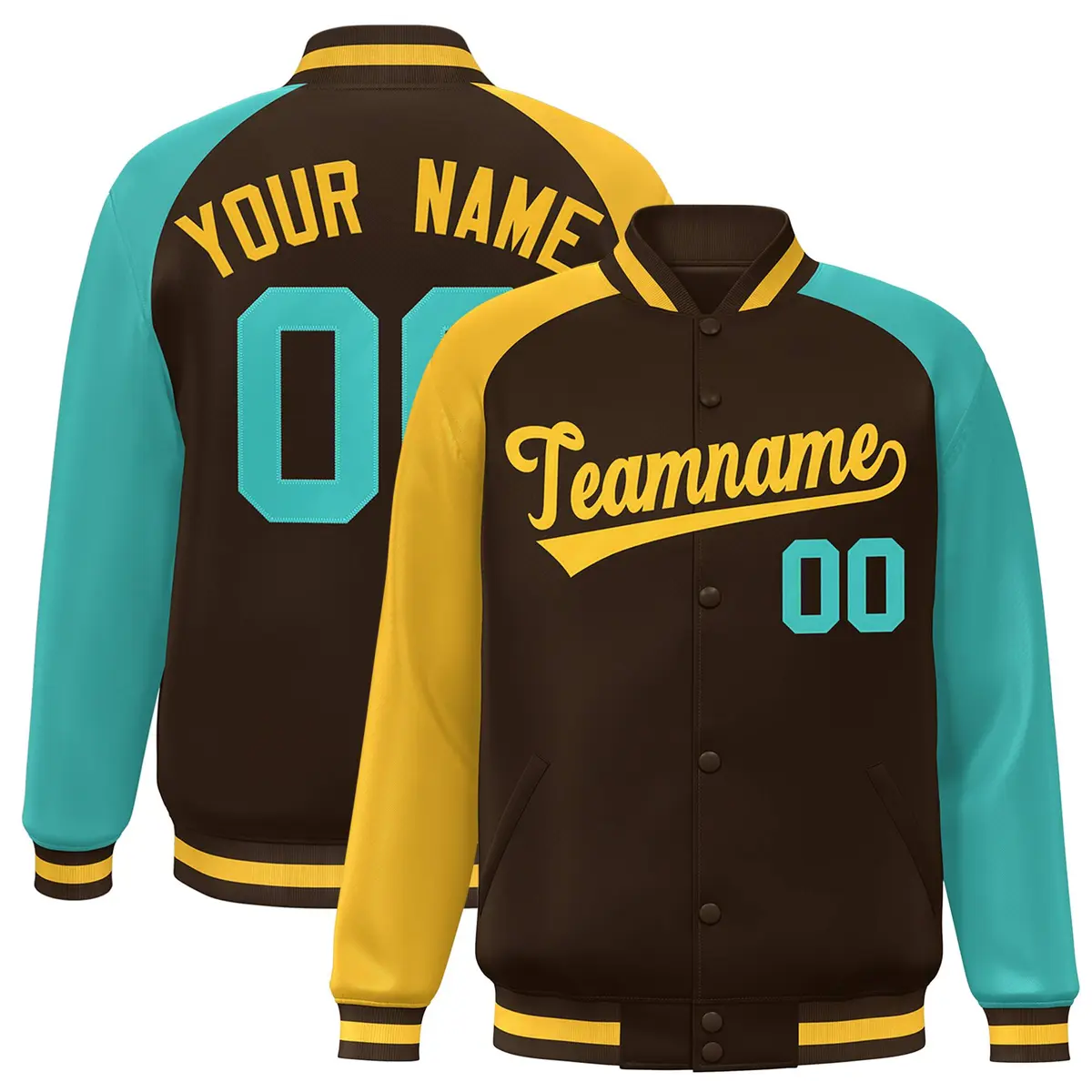 Brown Bright Green-Gold Varsity Raglan Letterman Bomber Jacket
