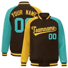 Brown Bright Green-Gold Varsity Raglan Letterman Bomber Jacket 1