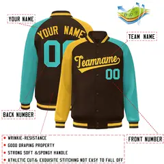 Brown Bright Green-Gold Varsity Raglan Letterman Bomber Jacket 2