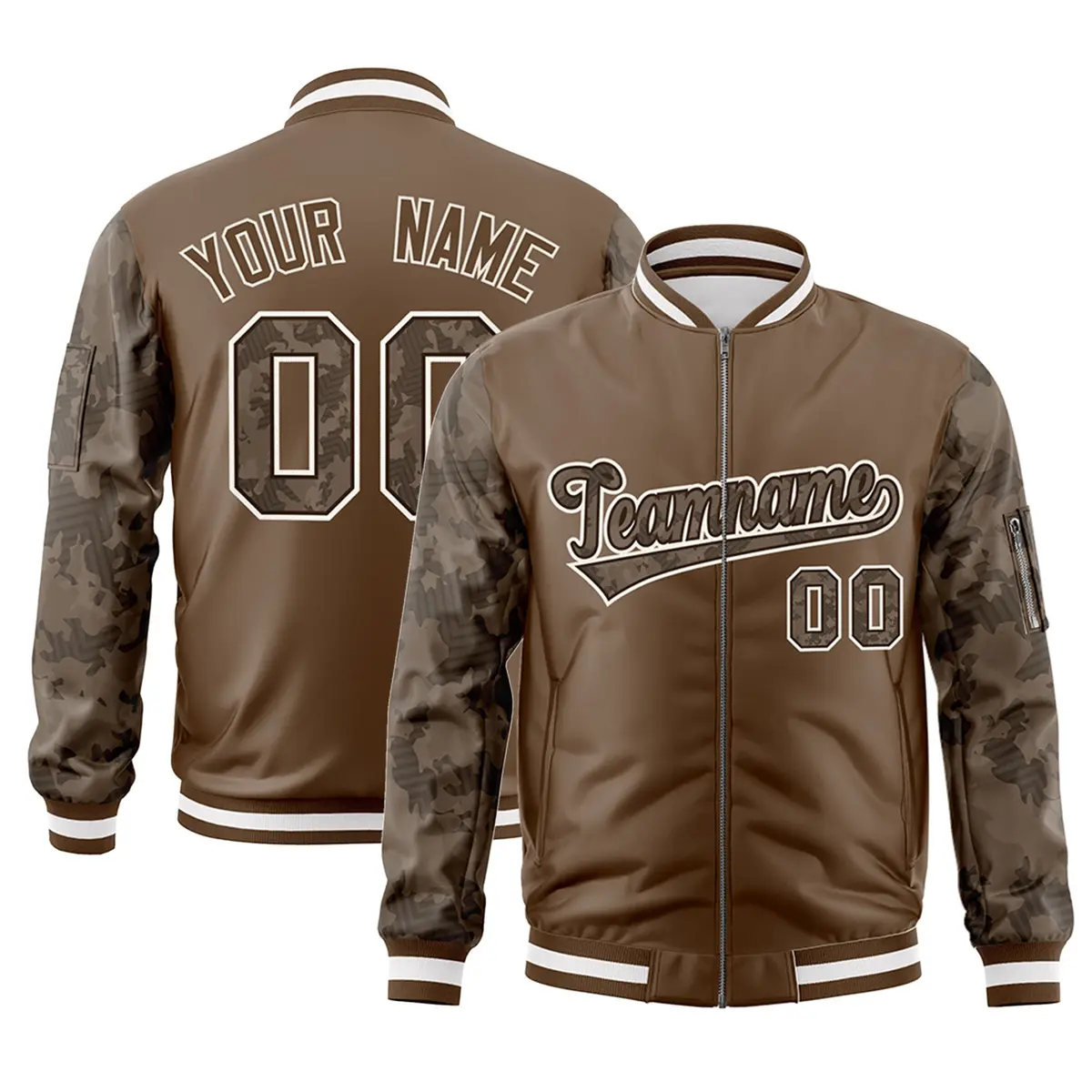 Brown Camo Raglan Varsity Full-Zip Letterman Bomber Jacket