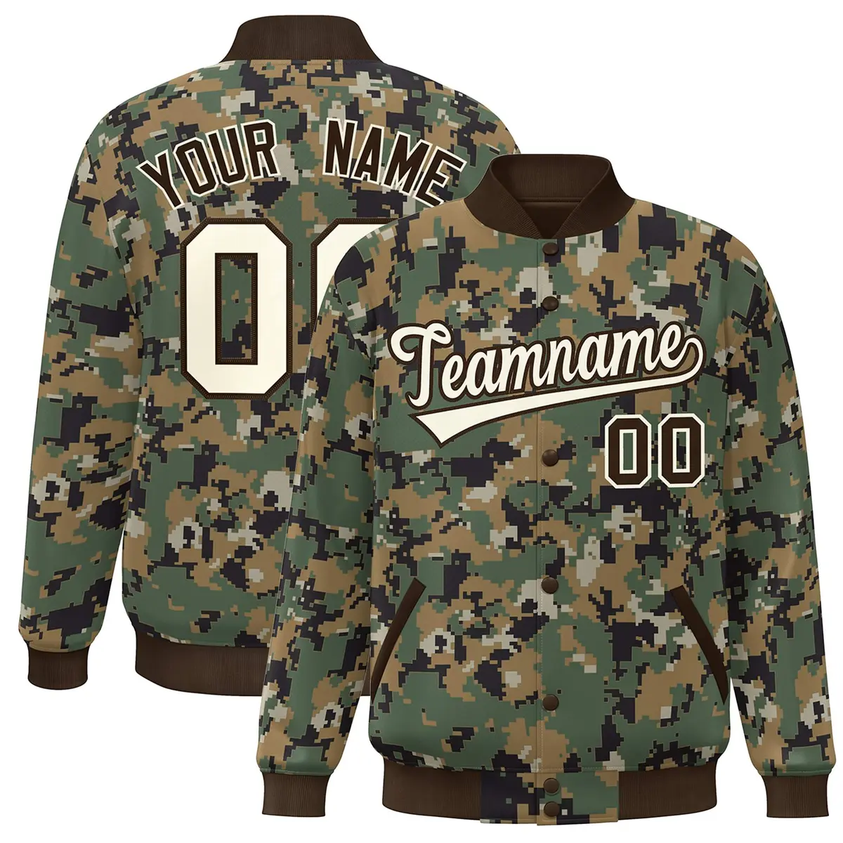 Brown Cream Camo Varsity Letterman Bomber Jacket
