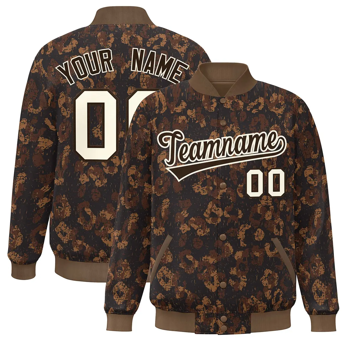 Brown Cream Camo Varsity Letterman Bomber Jacket