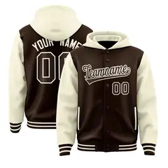 Brown Cream Raglan Two Tone Varsity Full-Snap Letterman Jacket Hoodie