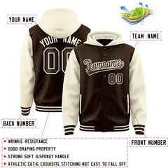 Brown Cream Raglan Two Tone Varsity Full-Snap Letterman Jacket Hoodie 4