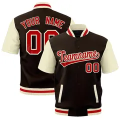Brown Cream Red Full-Snap Short Sleeve Varsity Jacket