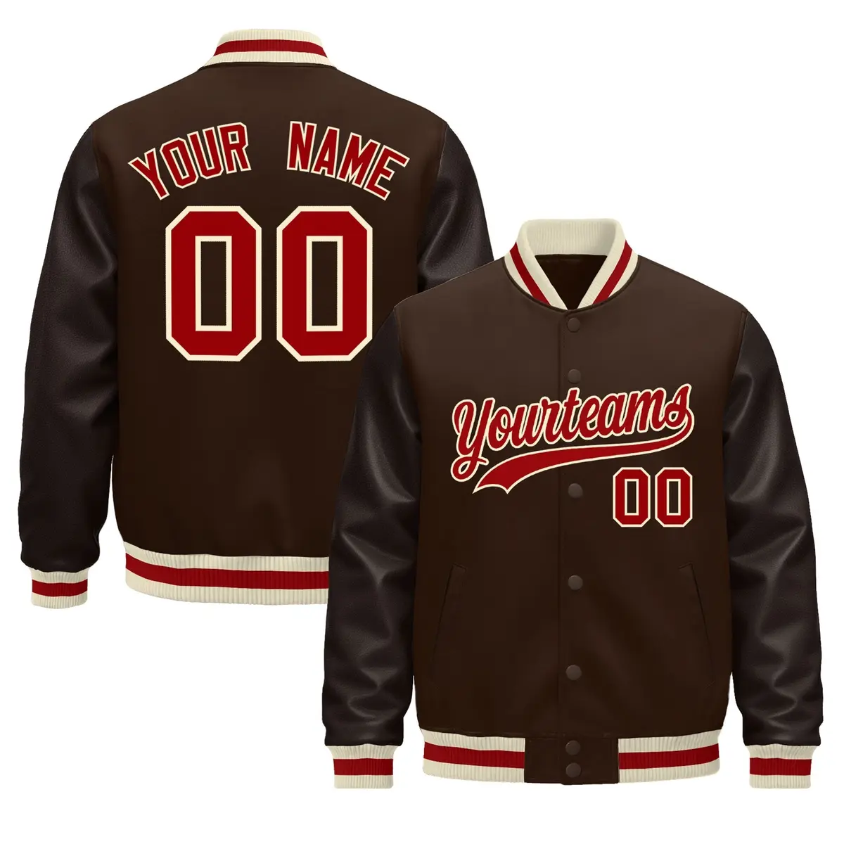Brown Cream Red Varsity Jacket with Faux Leather Sleeves