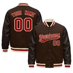 Brown Cream Red Varsity Jacket with Faux Leather Sleeves 1