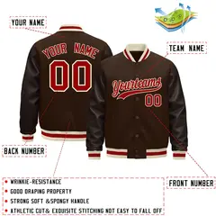 Brown Cream Red Varsity Jacket with Faux Leather Sleeves 2