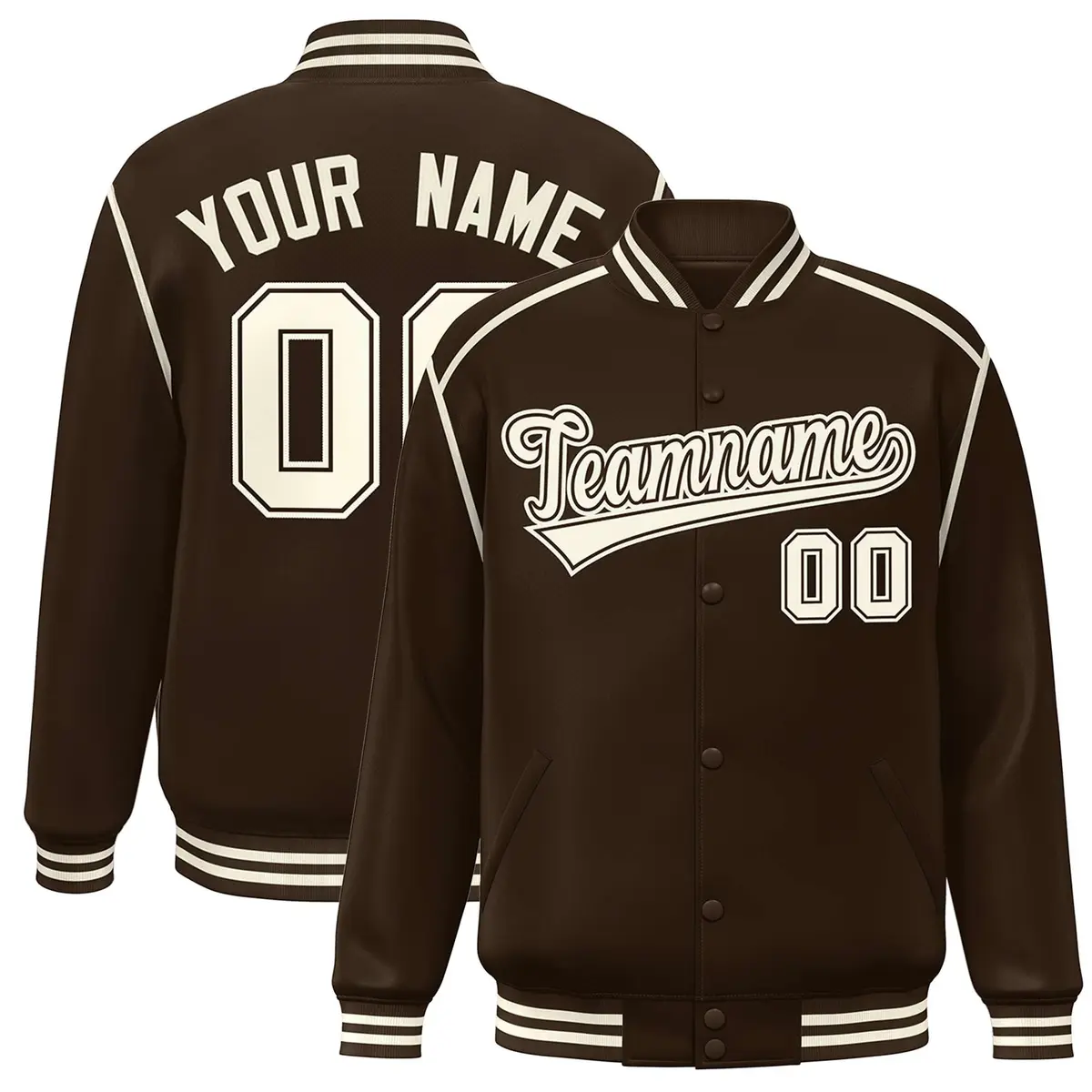 Brown Cream Ribbon Color Block Full-Snap Bomber Jacket