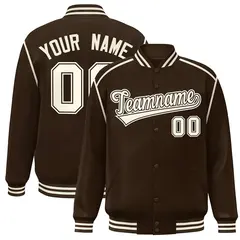 Brown Cream Ribbon Color Block Full-Snap Bomber Jacket