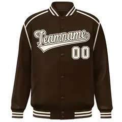 Brown Cream Ribbon Color Block Full-Snap Bomber Jacket 3