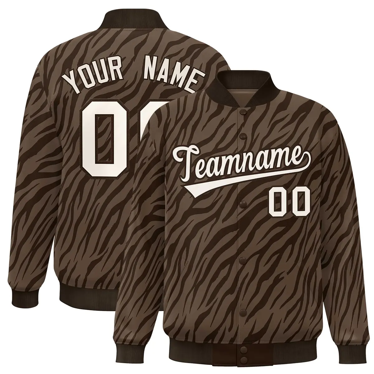 Brown Cream Tiger Stripes Graffiti Pattern Varsity Bomber Jacket