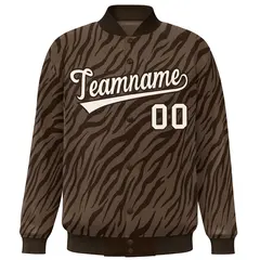 Brown Cream Tiger Stripes Graffiti Pattern Varsity Bomber Jacket 3