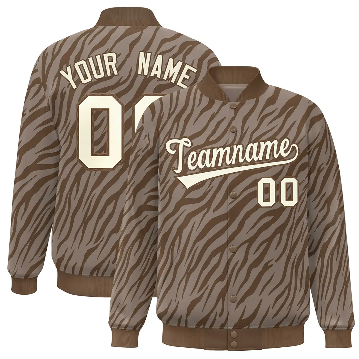 Brown Cream Tiger Stripes Graffiti Pattern Varsity Bomber Jacket