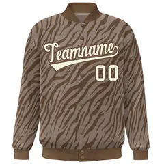 Brown Cream Tiger Stripes Graffiti Pattern Varsity Bomber Jacket 3