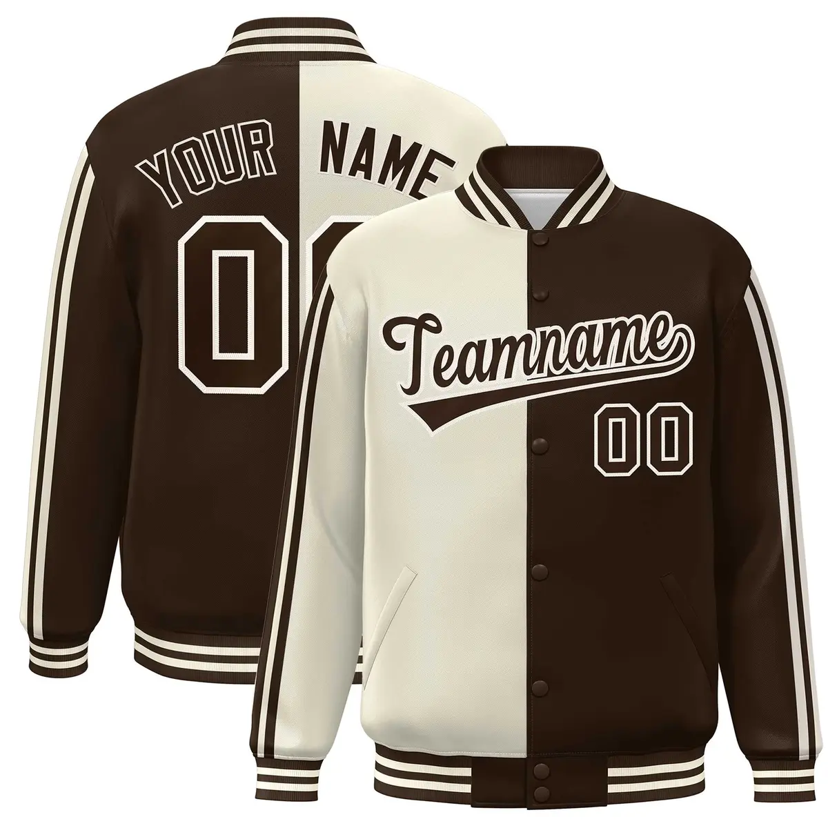 Brown Cream Two Tone Color Block Baseball Varsity Bomber Jacket