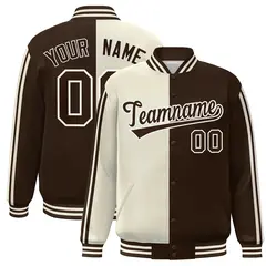 Brown Cream Two Tone Color Block Baseball Varsity Bomber Jacket