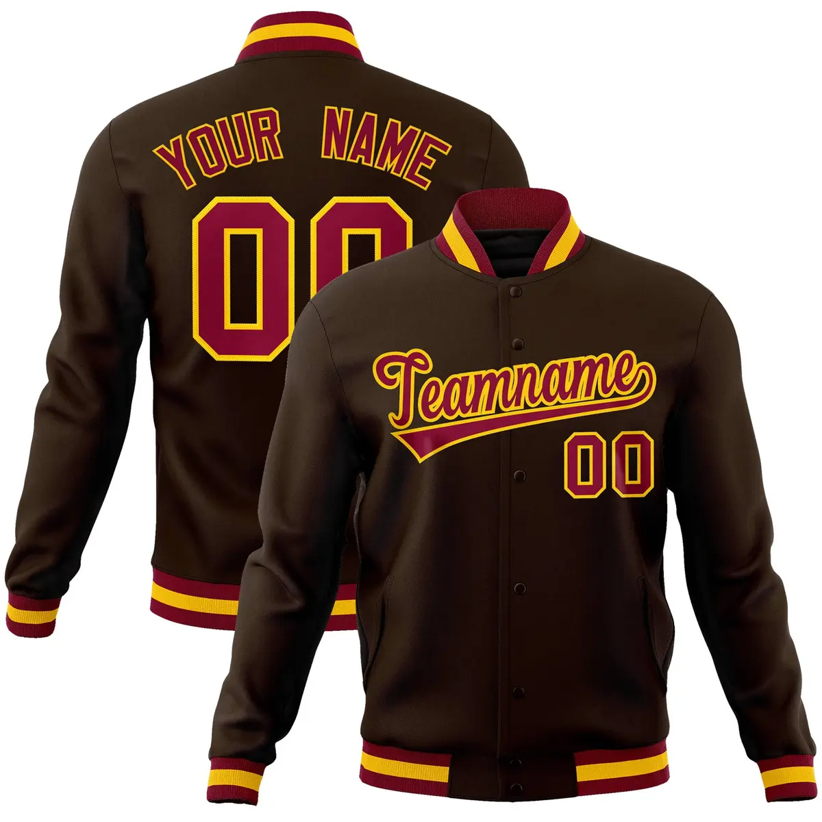 Brown Crimson-Gold Varsity Full-Snap Letterman Jacket