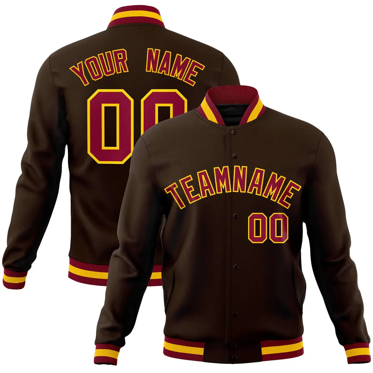 Brown Crimson-Gold Varsity Full-Snap Letterman Jacket