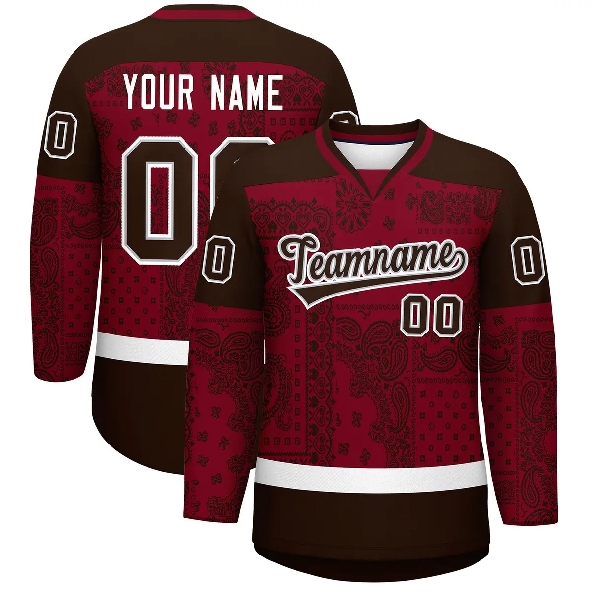 Brown Crimson White Cashew Flower Graffiti V-Neck Hockey Jersey