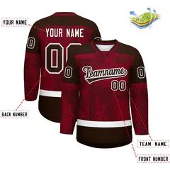 Brown Crimson White Cashew Flower Graffiti V-Neck Hockey Jersey 2