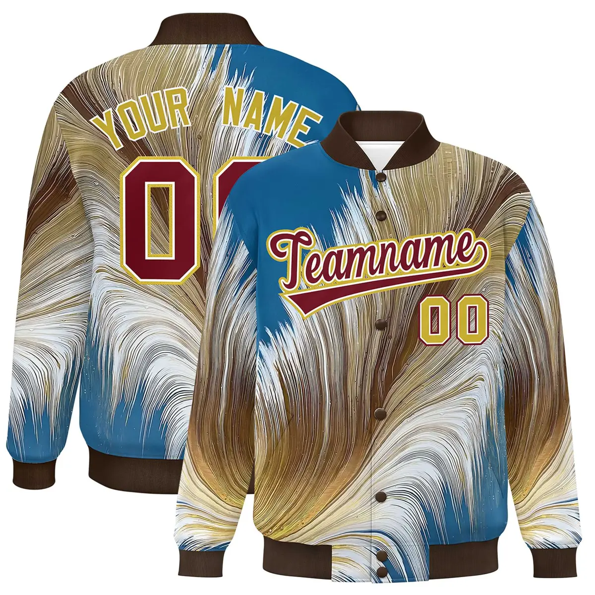 Brown Feather Fluid Pattern Varsity Letterman Jacket