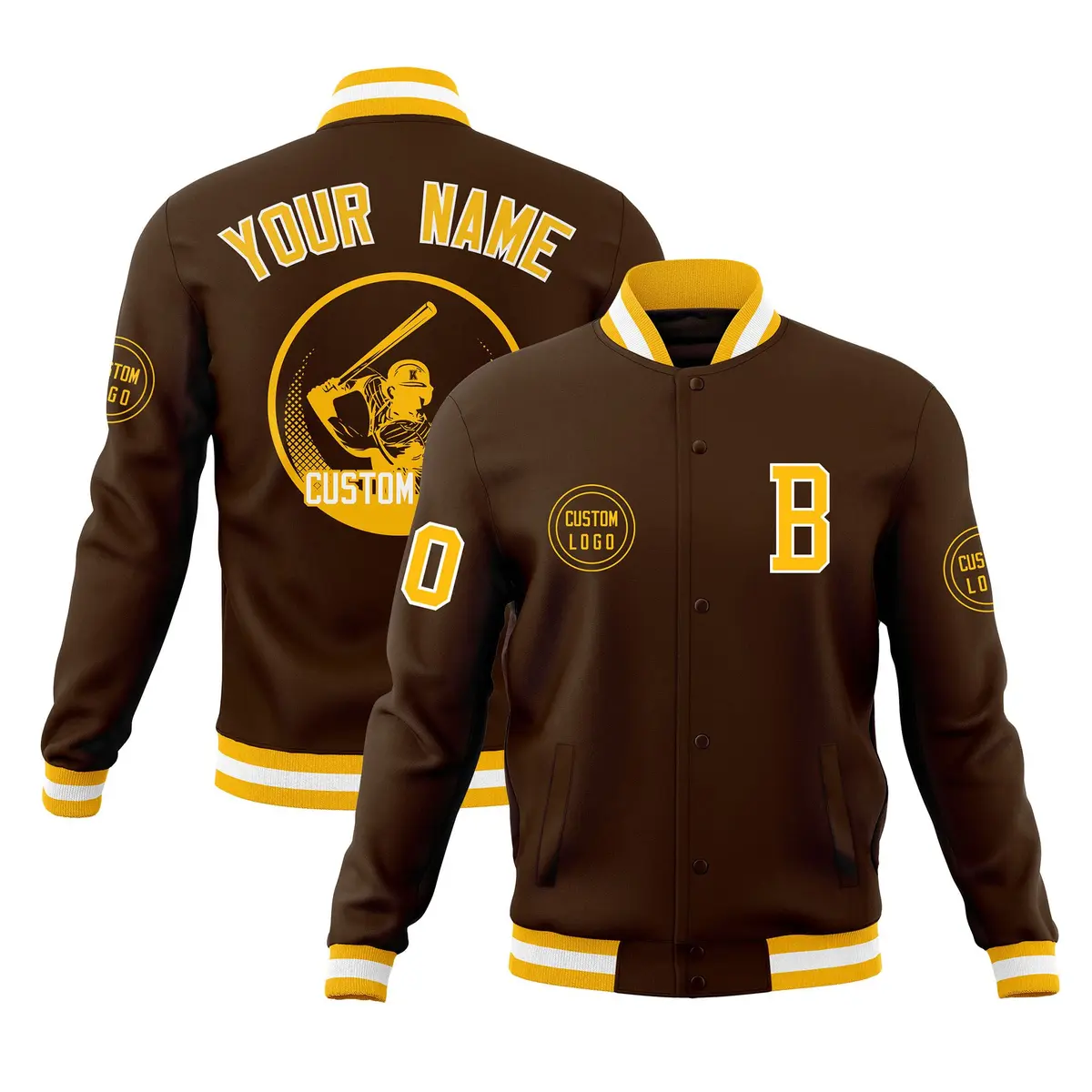 Brown Full-Snap Varsity Letterman Baseball Jacket