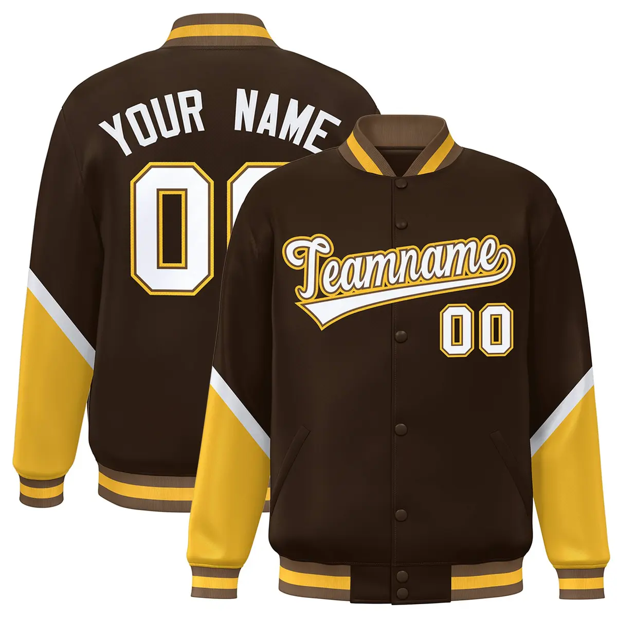 Brown Gold Color Block Varsity Full-Snap Letterman Baseball Jacket