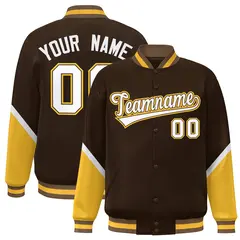 Brown Gold Color Block Varsity Full-Snap Letterman Baseball Jacket