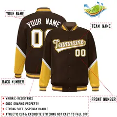 Brown Gold Color Block Varsity Full-Snap Letterman Baseball Jacket 2