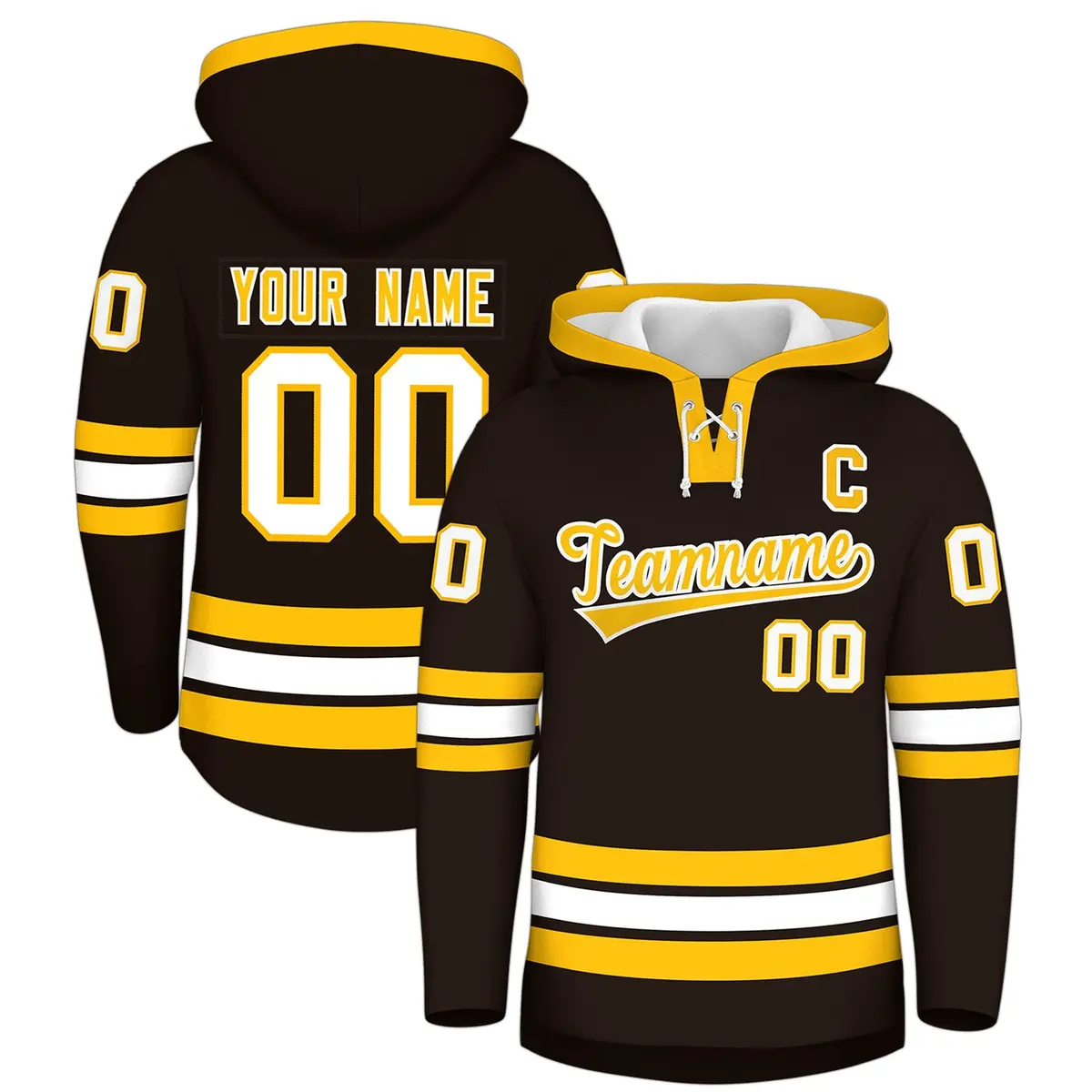 Brown Gold Lace-Up Neck Hockey Hoodie