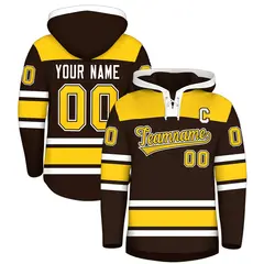 Brown Gold Lace-Up Neck Raglan Hockey Hoodie Jersey 1
