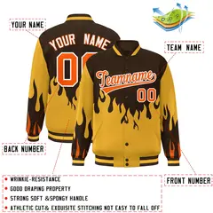 Brown Gold-Orange Flame Graffiti Bomber Varsity Full-Snap Jacket 2