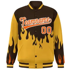 Brown Gold-Orange Flame Graffiti Bomber Varsity Full-Snap Jacket 3