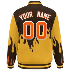 Brown Gold-Orange Flame Graffiti Bomber Varsity Full-Snap Jacket 4