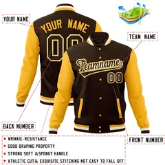 Brown Gold Raglan Full-Snap Varsity Letterman Baseball Jacket 4