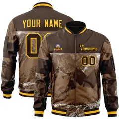 Brown Gold Snow Mountain Varsity Letterman Bomber Jacket 1