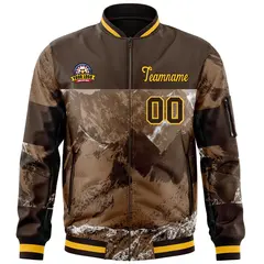Brown Gold Snow Mountain Varsity Letterman Bomber Jacket 3