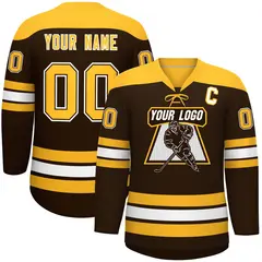 Brown Gold White Classic Lace-Up Neck Hockey Jersey 1