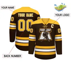 Brown Gold White Classic Lace-Up Neck Hockey Jersey 2