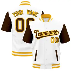 Brown Gold White Full-Snap Short Sleeve Varsity Jacket