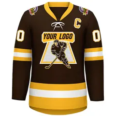 Brown Gold-White Lace-Up Neck Hockey Jersey 3
