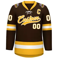 Brown Gold-White Lace-Up Neck Hockey Jersey 3