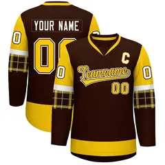 Brown Gold-White Raglan V-Neck Hockey Jersey