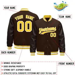 Brown Gold White Varsity Jacket with Faux Leather Sleeves 2