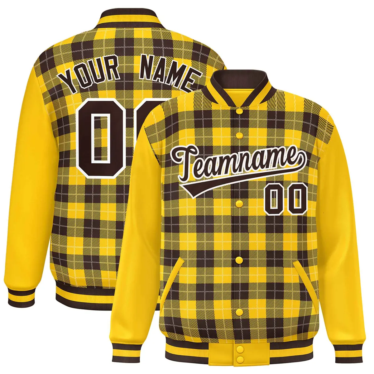 Brown Gold-White Varsity Plaid Pattern Full-Snap Letterman Jacket