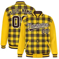 Brown Gold-White Varsity Plaid Pattern Full-Snap Letterman Jacket
