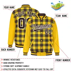 Brown Gold-White Varsity Plaid Pattern Full-Snap Letterman Jacket 2